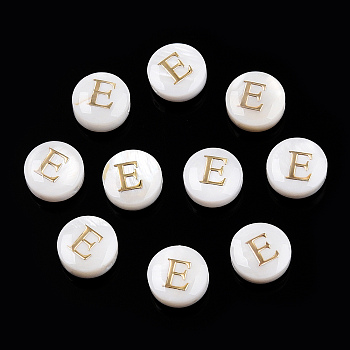 Natural Freshwater Shell Beads, with Golden Plated Brass Etched Metal Embellishments, Flat Round with Letter, Letter E, 7.5~8x4~5mm, Hole: 0.8mm