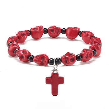 Natural Mashan Jade Skull Beaded Stretch Bracelet with Synthetic Turquoise(Dyed) Cross Charm, Gemstone Jewelry for Women, Red, Inner Diameter: 2-1/8 inch(5.5cm)