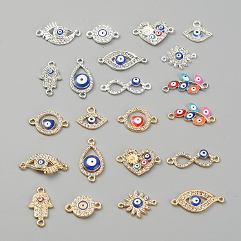 DIY 22Pcs 11 Styles Evil Eey Jewelry Making Finding Kit, Including Alloy Enamel Connector Charms & Pendants, with Crystal Rhinestones, Flat Round & Sun & Leaf & Hamsa Hand & Infinity, Platinum & Golden, 14~27.5x10~16.5x2.5~3mm, Hole: 1.7mm, 2 Pcs/style