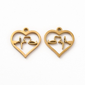 Ion Plating(IP) 304 Stainless Steel Charms, Heart with Heartbeat, Golden, 13.5x13x1.4mm, Hole: 1.4mm