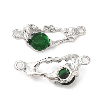 Brass Connector Charms, Oval Links with Glass, Real Platinum Plated, Dark Green, 12x31x6mm, Hole: 2mm