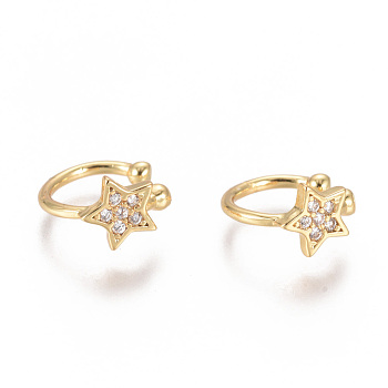 Golden Plated Brass Micro Pave Cubic Zirconia Cuff Earrings, Long-Lasting Plated, Star, Clear, 11.4x10.8x1.2~6.4mm
