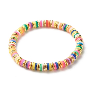 Disc Polymer Clay & Brass Beads Stretch Bracelet for Teen Girl Women, Colorful, Inner Diameter: 2-1/8 inch(5.4cm)