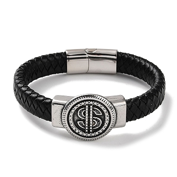 Men's Braided Black PU Leather Cord Bracelets, Lucky Money Dollar Sign 304 Stainless Steel Link Bracelets with Magnetic Clasps, Antique Silver, 8-1/2 inch(21.6cm)