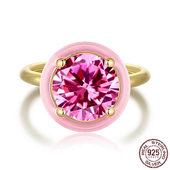 925 Sterling Silver Rings, Birthstone Ring, Real 18K Gold Plated, with Enamel & Cubic Zirconia for Women, Flat Round, Pink, 1.8mm, US Size 7(17.3mm)