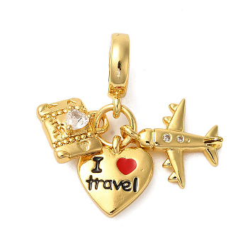 Rack Plating Brass Pave Clear Cubic Zirconia European Dangle Charms, Plane & Black Enamel Heart & Luggage Large Hole Pendants, Cadmium Free & Lead Free, Long-Lasting Plated, Real 18K Gold Plated, 21.5mm, Hole: 4.5mm