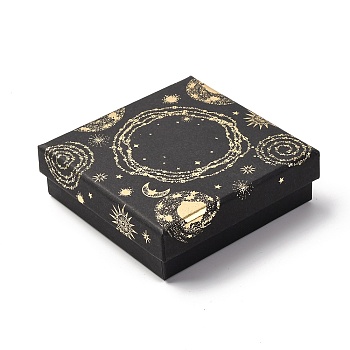 Sun Moon Star Printed Cardboard Gift Boxes, for Necklace, Bracelets, with Black Sponge Inside, Black, Square, 9.1x9.1x2.95cm
