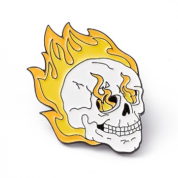 Skull with Flame Enamel Pin, Electrophoresis Black Alloy Punk Brooch for Backpack Clothes, Gold, 32.5x27x2mm, Pin: 1.2mm