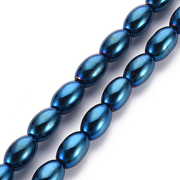 Electroplate Opaque Glass Beads Strands, Oval, Blue Plated, 6.5x4.5mm, Hole: 1mm, about 60~65pcs/strand, 15.16~15.94 inch(38.5cm~40.5cm)