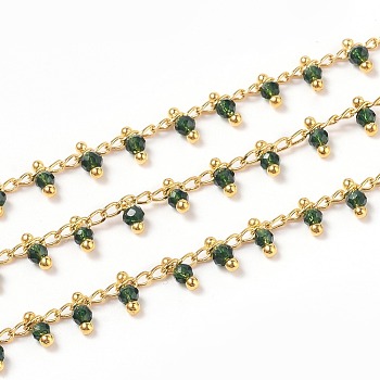 3.28 Feet Handmade Glass Beaded Chains, with Brass Eye Pins, Golden, Soldered, Round, Faceted, Dark Green, 2.5x2x0.4mm, Beads: 3x2mm