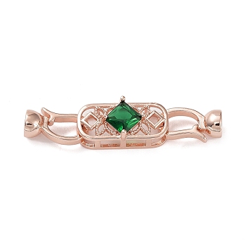 Rack Plating Brass Pave Green Glass Fold Over Clasps, Long-Lasting Plated, Cadmium Free & Lead Free, Oval, Rose Gold, 14x7.5x6mm, Hole: 4.5mm, Pin: 0.8mm, Oval: 20x9.5x8mm