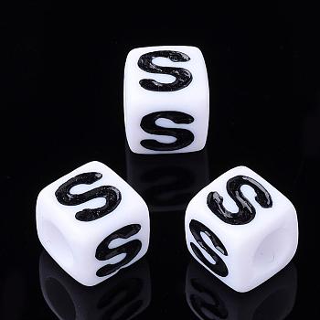 Acrylic Horizontal Hole Letter Beads, Cube, Letter S, White, Size: about 7mm wide, 7mm long, 7mm high, hole: 3.5mm, about 2000pcs/500g