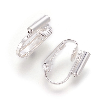 Brass Clip-on Earring Converters Findings, For Non-pierced Ears, Silver Color Plated, 15.5x12x7.5mm, Hole: 0.6mm