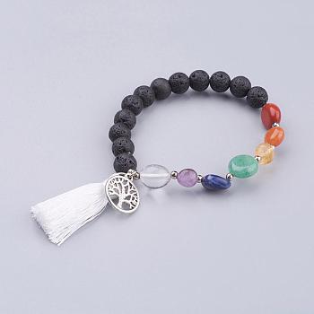 Tassel Charm Bracelets, with Alloy Findings, Lava Rock and Gemstone Beads, Round & Nuggets & Ring with Tree of Life, 2-1/8 inch(55mm)