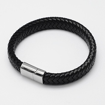 Braided Leather Cord Bracelets, with 304 Stainless Steel Magnetic Clasps, Black, 206x12x6mm