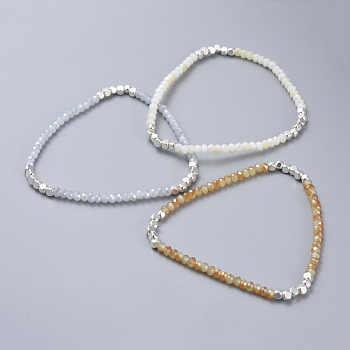 Electroplate Glass Beads  Stretch Bracelets, with Cube Brass Beads, Silver Color Plated, Mixed Color, 2-1/8 inch(5.5cm)