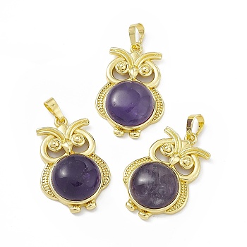 Natural Amethyst Pendants, Owl Charms, with Golden Tone Rack Plating Brass Findings, Cadmium Free & Lead Free, 35x23.5x9mm, Hole: 8x4.5mm