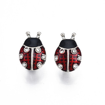 Rack Plating Alloy Enamel European Charms, with Crystal Rhinestone, Large Hole Beads, Cadmium Free & Lead Free, Antique Silver, Ladybird, Dark Red, 13x9x9mm, Hole: 5mm