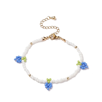 Glass Seed Braided Grape Charms Bracelet for Women, Dodger Blue, 7-5/8 inch(19.5cm), Pendants: 13.5x8x3mm