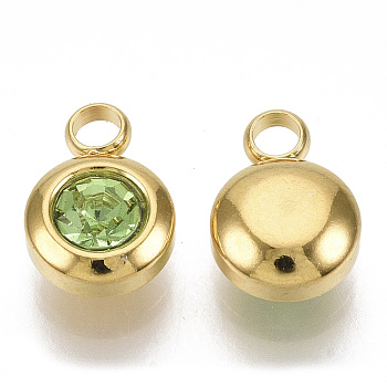 Rhinestone Charms, August Birthstone Charms, with 201 Stainless Steel, Flat Round, Golden, Peridot, 9x6.5x4mm, Hole: 1.8mm