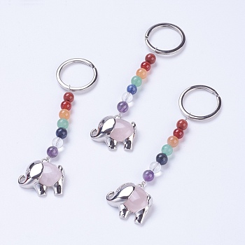 Natural Rose Quartz Chakra Keychain, with Mixed Stone and Platinum Plated Brass Key Findings, Elephant, 92mm, Ring: 24x2mm, Bead: 6~7mm, Pendant: 23x26x7mm