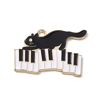 Music Theme Charm, Alloy Enamel Pendants, Cat with Piano, Golden, White, 20x28x1.2mm, Hole: 2mm