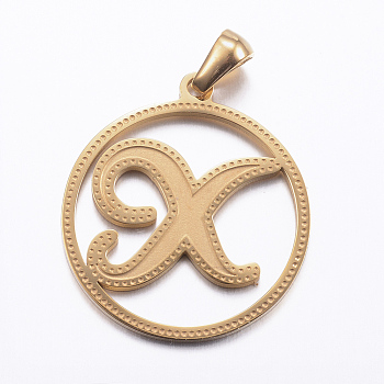 Ion Plating(IP) 304 Stainless Steel Pendants, Flat Round with Letter, Golden, Letter.X, 28x25x1.2mm, Hole: 6x3.5mm