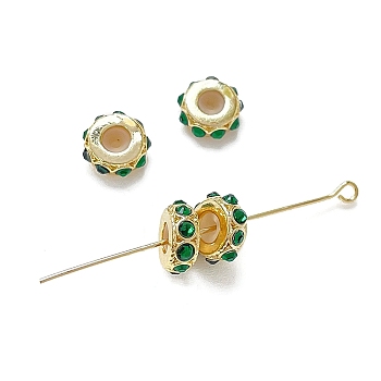 Brass Micro Pave Cubic Zirconia Beads, Real 18K Gold Plated, Green, 9.5x4mm, Hole: 1.4mm