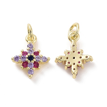 Brass Micro Pave Colorful Cubic Zirconia Charms, with Jump Ring, Star, Real 18K Gold Plated, 14x11x3mm, Hole: 3.2mm