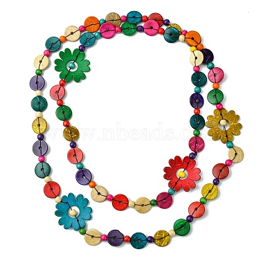Dyed Natural Coconut Flower & Flat Round Beaded Necklaces(NJEW-B088-02)-2