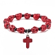 Natural Mashan Jade Skull Beaded Stretch Bracelet with Synthetic Turquoise(Dyed) Cross Charm(BJEW-JB08378-02)-1