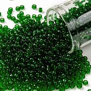 TOHO Round Seed Beads, Japanese Seed Beads, (7B) Transparent Grass Green, 8/0, 3mm, Hole: 1mm, about 222pcs/bottle, 10g/bottle(SEED-JPTR08-0007B)