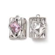 Rack Plating Alloy Glass Pendants, Cadmium Free & Lead Free & Nickle Free, Platinum Tone Rectangle Charms, Pearl Pink, 20x14x5mm, Hole: 1.2mm(FIND-I037-07P-02)