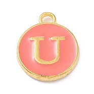 Golden Plated Alloy Enamel Charms, Enamelled Sequins, Flat Round with Alphabet, Letter.U, Hot Pink, 14x12x2mm, Hole: 1.5mm(X-ENAM-Q437-11U)