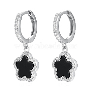 S925 Silver Black Agate Zircon Hoop Earrings, Flower Charms(YE5756-2)