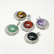 Natural Mixed Gemstone Pendants, with Brass Findings, Flat Round, Platinum Metal Color, 30x7mm, Tray: 21mm, Hole: 7x4mm(G-C075-M)