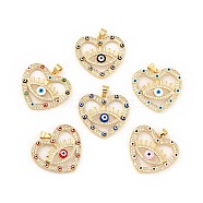 Rack Plating Brass Micro Pave Clear Cubic Zirconia Pendants, with Enamel, Cadmium Free & Lead Free, Heart with Evil Eye, Real 18K Gold Plated, Mixed Color, 24.5x27x4.5mm, Hole: 3x3.7mm(KK-G387-10G)