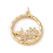 Rack Plating Brass Micro Pave Cubic Zirconia Pendants, Jump Ring, Lead Free & Cadmium Free, Flat Round, Sun & Moon & Star Charm, Real 18K Gold Plated, 25x22x2.5mm, Hole: 3mm(KK-A190-18G)