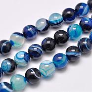 Natural Striped Agate/Banded Agate Bead Strands, Dyed & Heated, Round, Grade A, Blue, 10mm, Hole: 1mm, about 39pcs/strand, 15.2 inch(387mm)(G-G962-10mm-08)