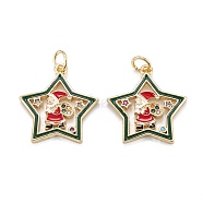 Christmas Themed Brass Micro Pave Cubic Zirconia Pendants, with Enamel and Jump Ring, Long-Lasting Plated, Star with Santa Claus, Real 18K Gold Plated, 19.5x18x2mm, Jump Ring: 5x0.7mm, 3.6mm Inner Diameter(X-ZIRC-L101-05G)