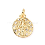 Brass Micro Pave Cubic Zirconia Charms, with Jump Ring, Flat Round with Girl Charm, Golden, 13x10.5x2.5mm, Hole: 2.8mm(KK-C012-29G)