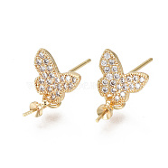 Brass Micro Pave Cubic Zirconia Stud Earring Findings, for Half Drilled Bead, Nickel Free, Butterfly, Real 18K Gold Plated, Clear, 16mm, Pin: 0.7mm, Pin: 0.7mm(for half drilled beads), Butterfly: 9x10mm(KK-N233-002-NF)