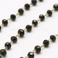 Handmade Glass Beaded Chains, Soldered, with Spool, with Raw(Unplated) Brass Findings, Nickel Free, Faceted, Rondelle, Black, 2.5~3mm, about 32.8 Feet(10m)/roll(AJEW-E033-B02)
