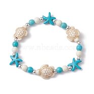 Turtle & Starfish Synthetic Turquoise Beaded Stretch Bracelet, Floral White, Inner Diameter: 2-1/4 inch(5.6cm)(BJEW-JB09968-01)