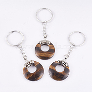 Natural Tiger Eye Keychain, with Platinum Plated Iron Key Rings and Brass Findings, Flat Round, 84mm(KEYC-P041-D21)