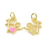 Rack Plating Brass Enamel Charms, with Jump Ring, Long-Lasting Plated, Real 18K Gold Plated, Cadmium Free & Lead Free, Word Fe with Heart, Pink, 13.5x12.5x2.5mm, Jump Ring: 5x0.8mm, Inner Diameter: 3mm(KK-C008-18G-03)
