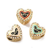 304 Stainless Steel European Beads, Large Hole Beads, with Rhinestone and Enamel, Heart with Word Love, Golden, Mixed Color, 11.5x12.5x8.2mm, Hole: 4.2mm(STAS-I191-12G)