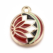 Alloy Pendants, with Enamel, Flat Round with Lotus, Colorful, Golden, 16x13x3mm, Hole: 1.6mm(X-ENAM-I043-12G)