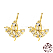925 Sterling Silver Micro Pave Clear Cubic Zirconia Stud Earring Findings, for Half Drilled Beads, with S925 Stamp, Real 18K Gold Plated, 10.5x9.5mm, Pin: 10.5x0.7mm and 0.5mm(STER-Q192-21G)