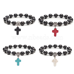 Dyed Synthetic Turquoise Cross Charm Bracelets, Natural Rosewood & Non-magnetic Synthetic Hematite Beaded Stretch Bracelet for Men Women, Mixed Color, 1/8~3/8 inch(0.45~0.85cm), Inner Diameter: 2 inch(5cm)(BJEW-JB09296)